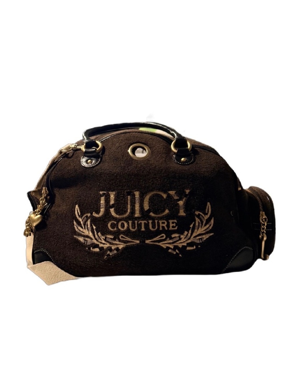 Juicy Couture Brown Velour Pet Carrier Dog Cat Travel Bag Gold Embroidery